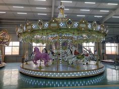 a merry go round in an indoor area with lights on the sides and carousels