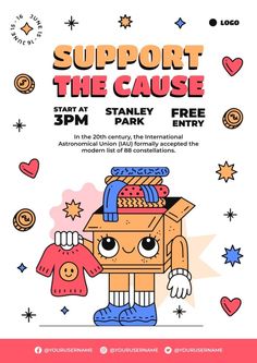 the poster for support the cause, featuring an image of a cardboard box with clothes on it