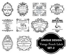 vintage french labels and frames set - 2 in black and white with the words unique design