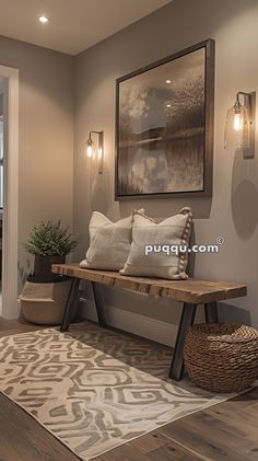 a wooden bench sitting in the middle of a living room next to a rug and lamp