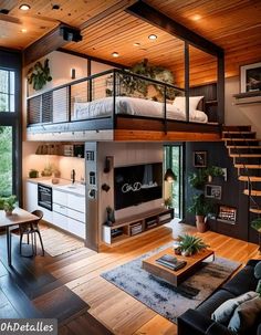 a living room with a loft bed and stairs