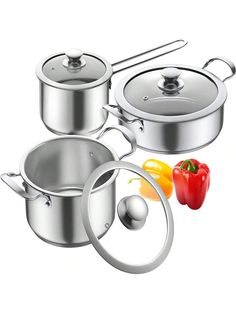 stainless steel cookware set with lids and pans