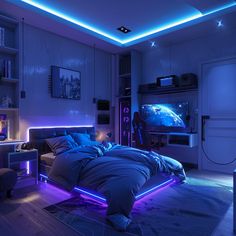 a bedroom with blue lights and a bed in the middle is lit up by purple lighting