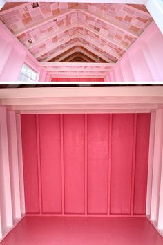 the inside and outside of a pink room