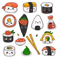 sushi cartoon character set with chopsticks, saucers and other food items