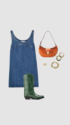 a woman's outfit and accessories including boots, handbag, bracelets and purse