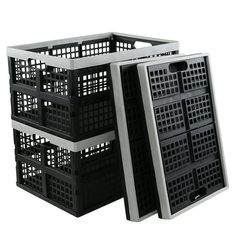 three black plastic baskets sitting side by side on top of each other in front of a white background