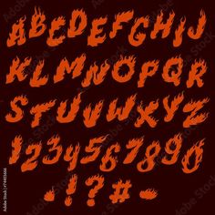 an orange fire font with flames on the upper and lower letters, in different sizes