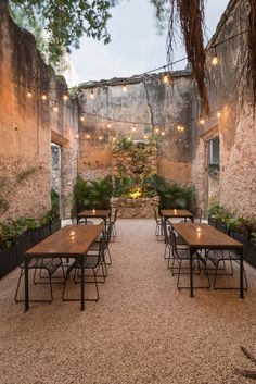 an outdoor dining area with tables, chairs and potted plants on the outside wall