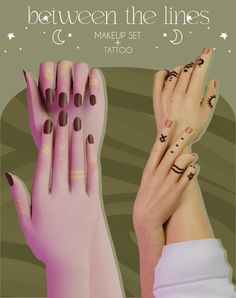 two hands with different designs on them and the text between the lines makeup set tattoo