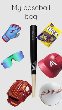 a baseball bat, glove and other sports items