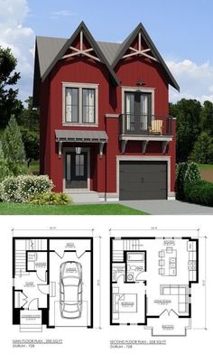 two story house plan with garage and living room on the second floor, attached to another level