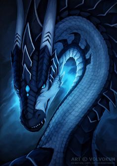 a blue and white dragon with its eyes open in the dark night, looking like it's ready to strike