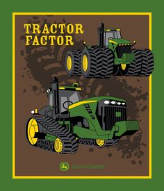 two tractors with the words tractor factor on them in yellow and green colors, against a brown background