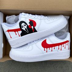 Ghostface Custom Shoes, Custom Red Air Force 1, Ghost Face Custom Shoes, Custom Nike Shoes Mens, Shoes With Designs, Design Air Force 1, Air Forces Design Ideas