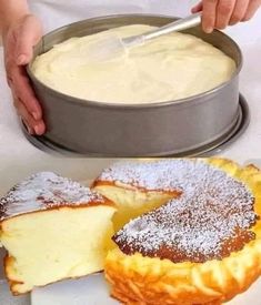 a person cutting into a cake with a knife and some powdered sugar on top