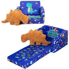 two children's couches with dinosaurs on them, one in blue and the other in brown