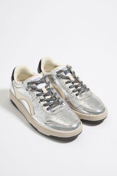 Silver leather cupsole sneaker Metallic Leather Sneakers With Metallic Logo, Modern Silver Sneakers With Metallic Logo, Sporty Metallic Sneakers, Silver Low-top Sneakers With Rubber Sole, Silver Low-top Sneakers With Metallic Logo, Silver Lace-up Sneakers With Metallic Logo, Silver Casual Sneakers With Metallic Logo, Leather High-top Sneakers With Metallic Logo, Silver Leather Sneakers With Contrast Sole