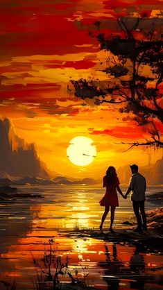 a painting of two people holding hands as the sun sets