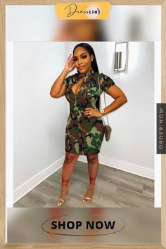 Camouflage Print Short Sleeve Midi Dresses Casual Camouflage Dresses For Spring, Casual Camouflage Dress For Spring, Casual Camouflage Dresses For Fall, Casual Camouflage Dress For Fall, Casual Camouflage Dresses, Casual Camouflage Fall Dresses, Cargo Camo Dress, Summer Military Style Camouflage Tops, Military Style Camouflage Tops With Pockets