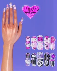 a hand with hello kitty nail decals next to it's manicures