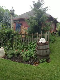 a wooden barrel sitting in the middle of a garden next to a fence with clothes hanging on it