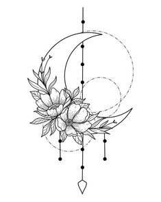 the moon with flowers on it is drawn in black and white, as well as an arrow