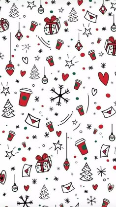 a white background with red and green christmas items on it's side, all over