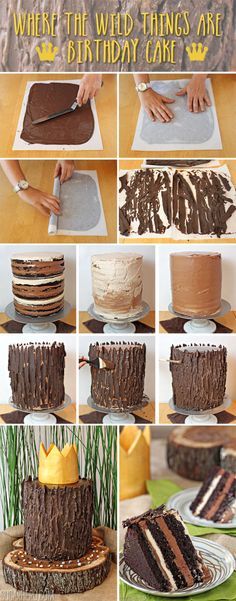 a collage of photos showing how to make a chocolate cake with the words, where the wild things are birthday cake