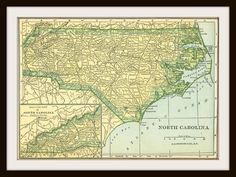 an old map of north carolina with the states and major roads on it's sides