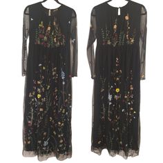 Free People Black Floral Embroidered Beaded Sheer Lace Long Sleeve Maxi Dress. Dress Has Side Zipper And The Skirt Is Fully Lined Size: Xs Condition: Has 2 Holes On The Underside Of One Of The Sleeves On The Seam Near The Armpit Approximate Measurements Chest: 17" Length: 60.5" Waist Across: 15.5" Spring Embellished Embroidered Maxi Dress, Fitted Embroidered Maxi Dress For Fall, Embellished Maxi Dress For Fall, Embellished Fall Maxi Dress, Black Dress With Intricate Embroidery For Spring, Fall Maxi Embroidered Dress With Floral Design, Fall Maxi Length Embroidered Dress With Floral Design, Black Embroidered Maxi Dress For Spring, Black Dresses With Intricate Embroidery For Spring