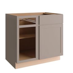 the cabinet door is open to reveal an empty shelf