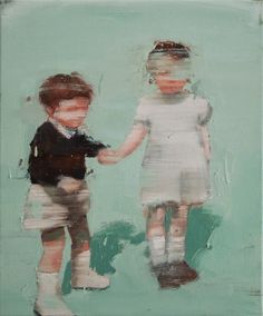 an oil painting of two children holding hands and standing next to each other on a green background