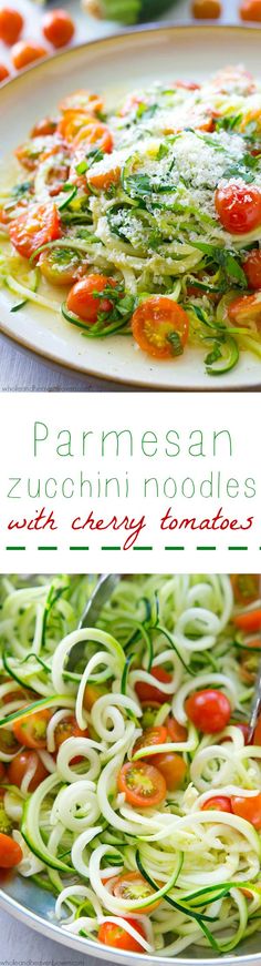 a plate with zucchini noodles and tomatoes on it