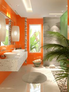 an orange and white bathroom with palm tree in the corner