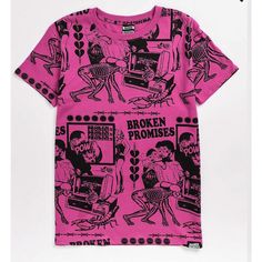 Spice Up Your Graphic Tee Collection With The Alternative Reality Pink And Black T-Shirt From Broken Promises! This Pink Tee Features Allover Black Graphics Throughout Of A Scorpion, A Few Couples Kissing, A Skeleton Crawling Into A Computer. Thank You For Considering Making A Purchase From My Shop! I'm Always Open To Making Deals And Bundles To Help You Save On Your Favorite Items. Feel Free To Browse Through My Collection And Let Me Know Which Items You'd Like To Bundle Together For A Special Skeleton Crawling, Fye Outfits, Alternative Reality, Wonder Woman Shirt, Broken Promises, Black High Waisted Shorts, Funky Outfits, A Skeleton, Pink Tee