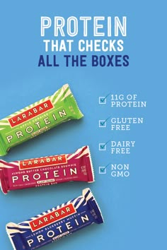 three protein bars are shown with the text protein that checks all the boxes