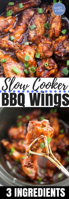 slow cooker bbq wings recipe with three ingredients in the same pan and then being cooked