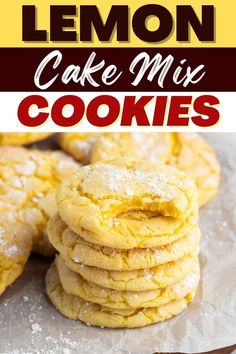 lemon cake mix cookies stacked on top of each other with the title in the middle