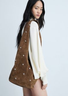 Stud leather bag - Woman | MANGO USA Stud Outfits, Studded Leather Bag, Linen Shorts Women, Slouchy Tote, Fall Bags, Studded Bag, Oversized Bag, Inside Bag, Western Chic