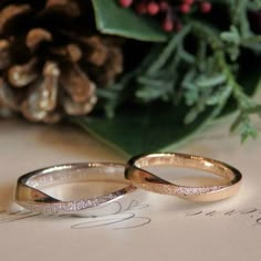 two wedding rings sitting on top of a piece of paper next to a pine cone