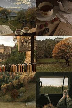 a collage of photos with books, coffee and tea