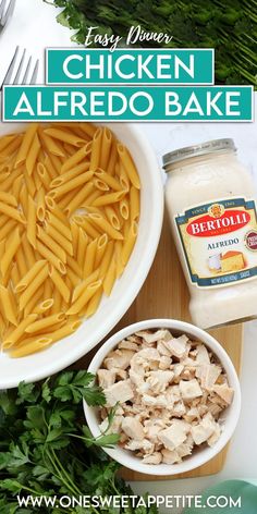 the ingredients for chicken alfredo bake are shown in bowls