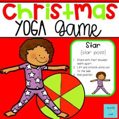 a christmas yoga game with a girl in purple and white pajamas standing next to a pie