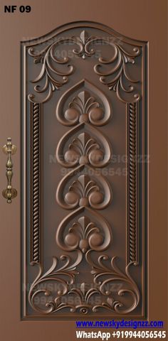 an ornate door with decorative carvings on the front and side panels, in chocolate color