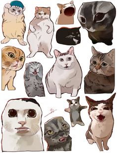 a bunch of cats that are drawn in different colors and sizes, all looking at the camera