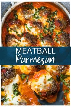 meatball parmesan in a skillet with the title above it