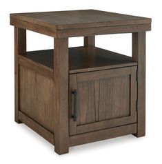 an end table with a drawer on the bottom and one door open to reveal a storage compartment