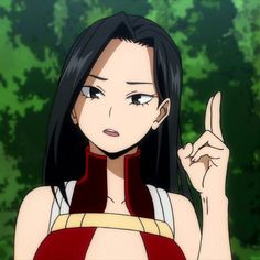 an anime character with long black hair pointing to the side and holding her finger up