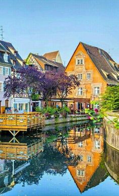 a river runs through the center of a city with houses on it's sides